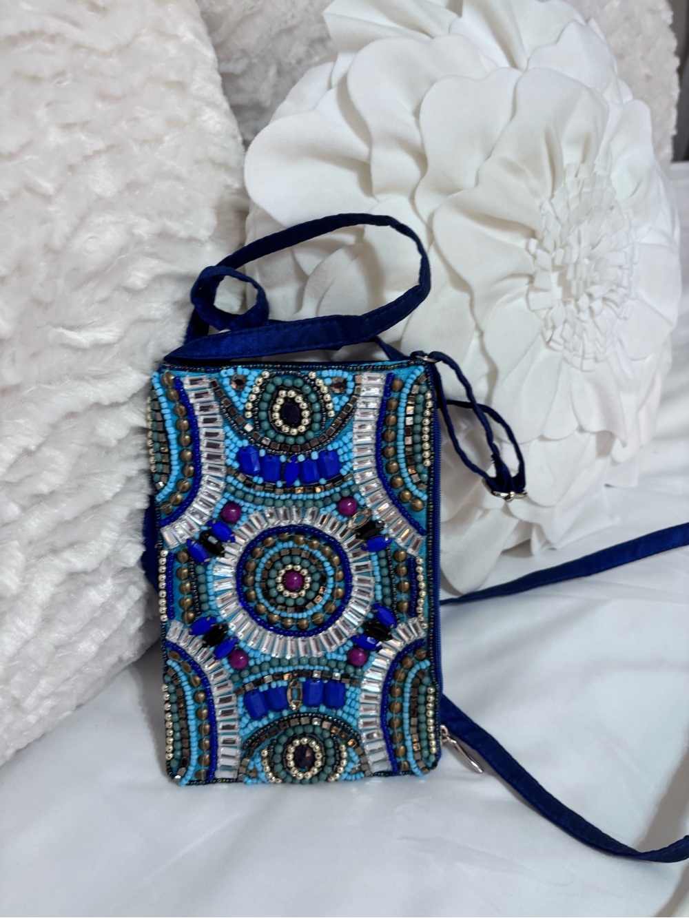 Bamboo Trading Company Hand Beaded Blue Mosaic Crossbody Phone Bag Wristlet Boho